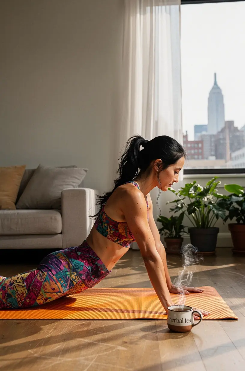 Šiltas arbatos gėrimo momentas prie lango su žiemos peizažu fone.