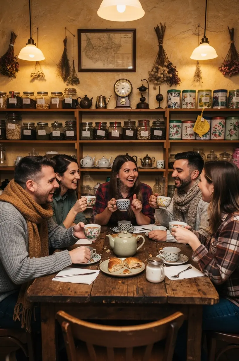 Moteris ramiai gurkšnoja žolelių arbatą skaitydama rytinių įpročių dienoraštį.