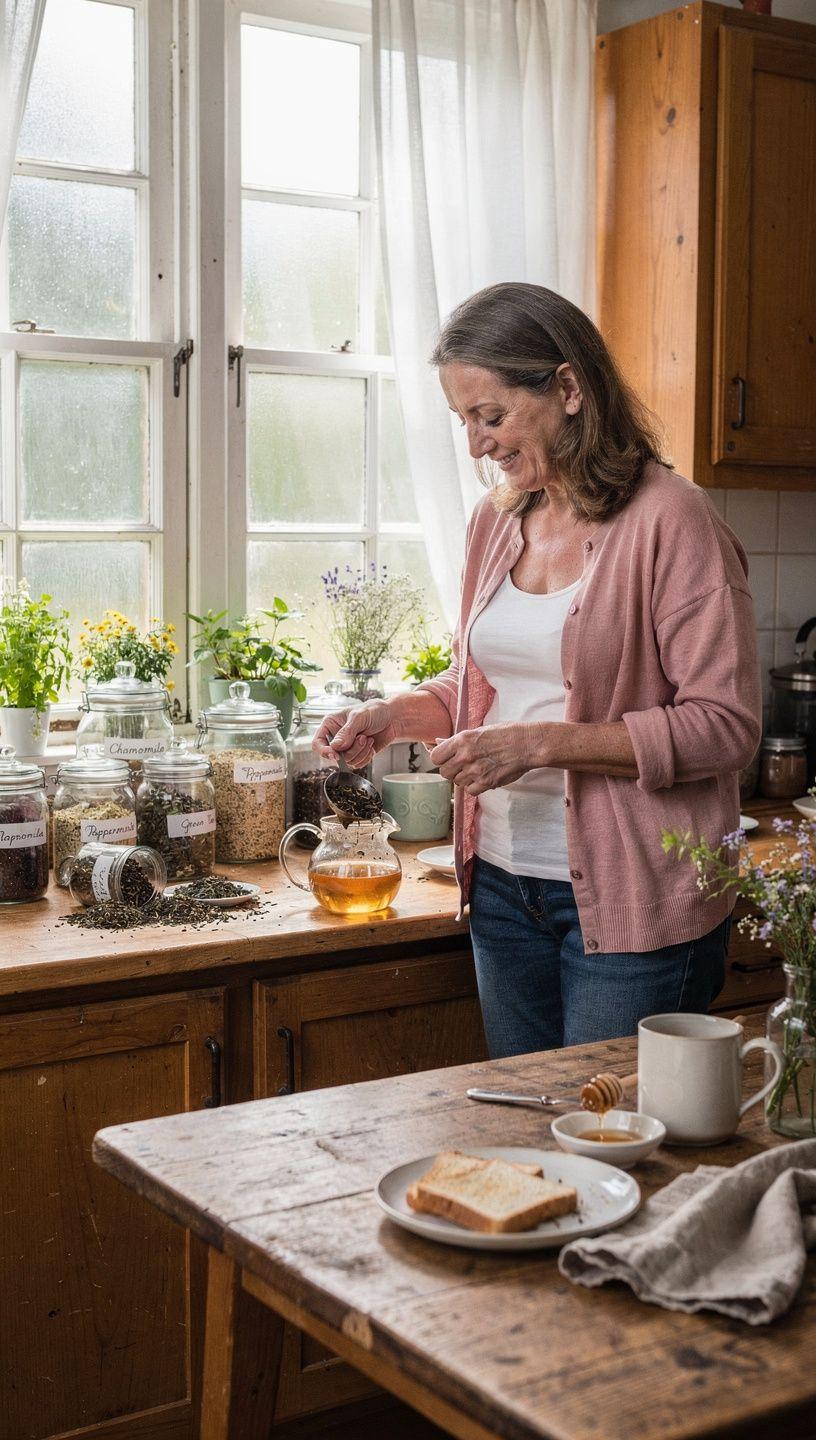 Šiltos arbatos puodelis ant stalo šalia užrašų knygutės ir laikrodžio, simbolizuojantis kasdienės rutinos ramybę ir namų jaukumą.